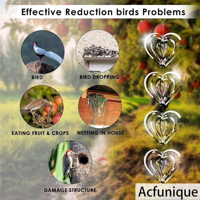 Acfunique Bird Deterren for Outside Patio,Bird Scare Devices Discs Reflectors Stainless Steel Wind Spinners Reflective Heart Metal Bird Repellen to Keep Birds Away Porch Garden Yard Sparkly Double Side Spinners - Image 3